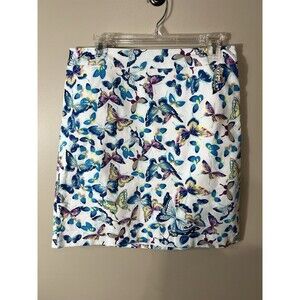 Talbots Butterfly Print Skirt A-Line White Blue Women's Size 8 Lined Casual